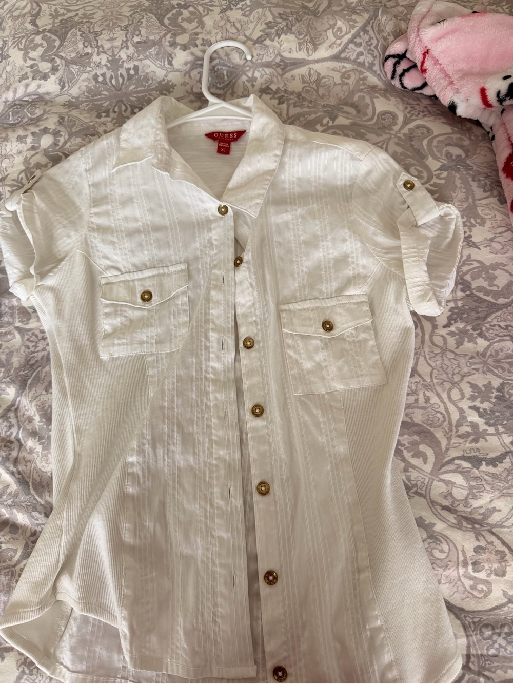 GUESS White Button-Up Shirt with Red Label
